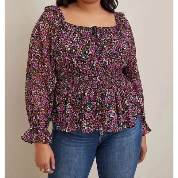 Torrid Beautiful Black Purple Floral Print Smocked Chiffon Top - 4x - Picture 1 of 6